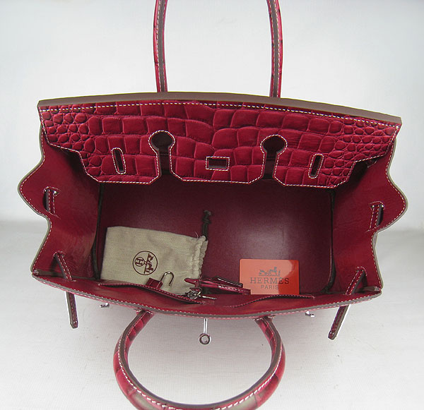 High Quality Fake Hermes Birkin 35CM Crocodile Veins Leather Bag Wine 6089